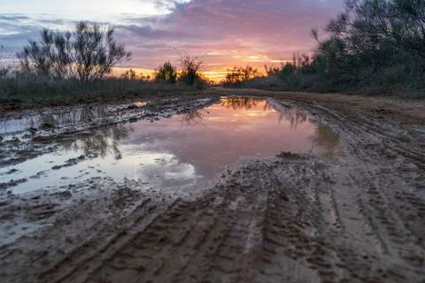 Puddle on a path in the field in which the sunset is reflected, with orange, Stock Photos
