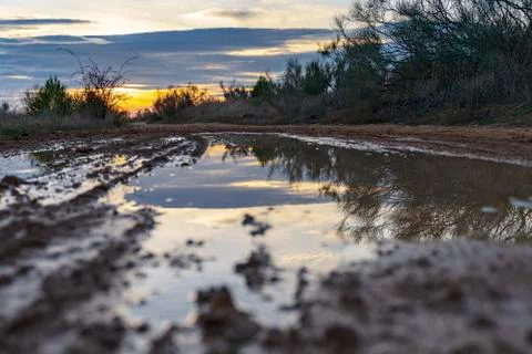 Puddle on a path in the field in which the sunset is reflected, with orange, Stock Photos