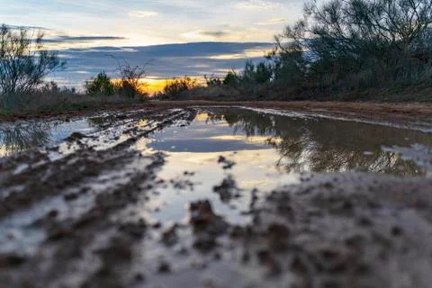 Puddle on a path in the field in which the sunset is reflected, with orange, Stock Photos