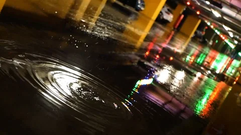 Puddle on the pavement with water drops in the underground car park Stock Footage 104862972