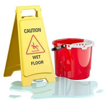 Puddle with plastic bucket and Caution Wet Floor Sign, 3D rendering Stock Illustration