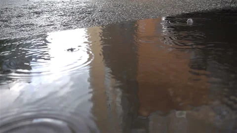 Puddle with raindrops in slow motion on asphalt Stock Footage 168646230