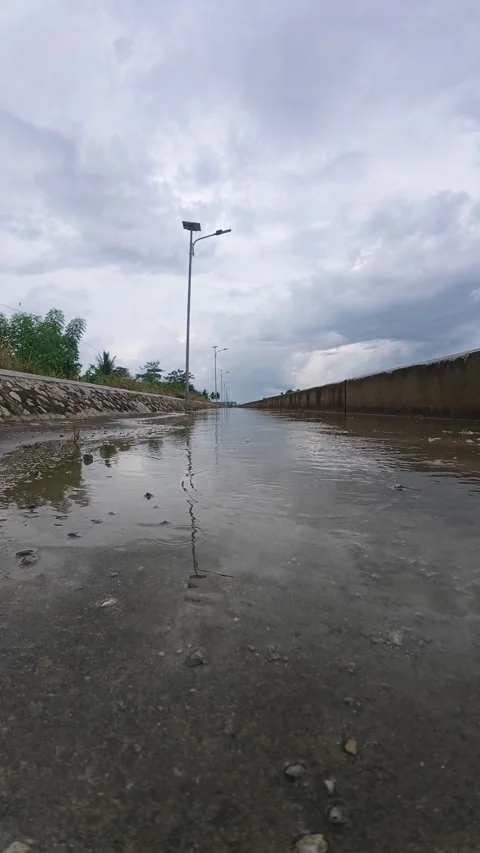 Puddle Reflecting Streetlight on Cloudy Day Stock Footage 333039559