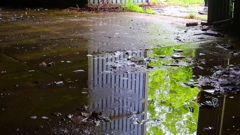 Puddle reflection of a man entering dark abandoned building. Video footage. Stock Footage 107650013