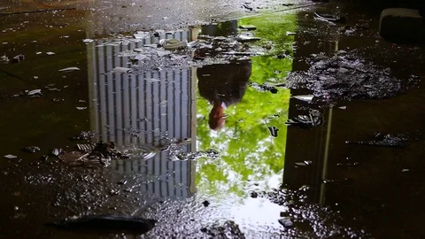 Puddle reflection of a man entering dark abandoned building. Video footage. Stock Footage 107650022