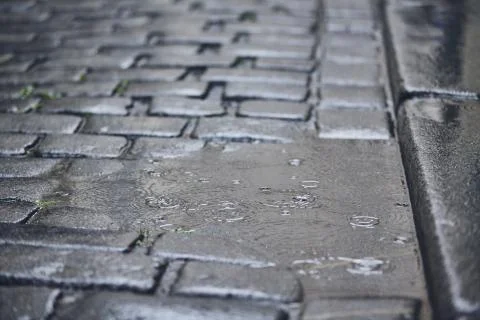 Puddle on road in rain Stock Photos