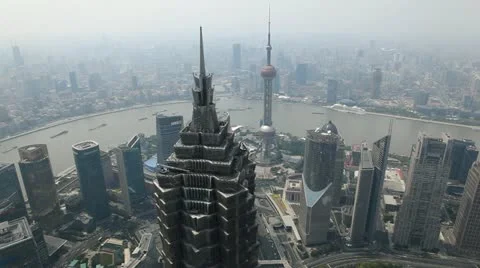 Pudong Aerial View, Shanghai Skyline, China, Crowded Huangpu River, time lapse Stock Footage