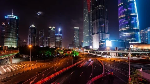 Pudong financial district time lapse at night Stockbeeldmateriaal 119020105