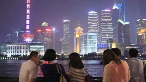 Pudong skyline night with Crowd time lapse 24 zoom out Stock Footage 40407328
