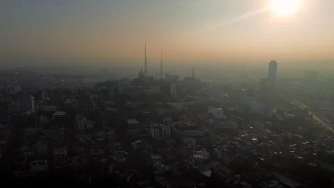 Puebla cityscape at sunset with mist and La Paz church Stock Footage 344913237