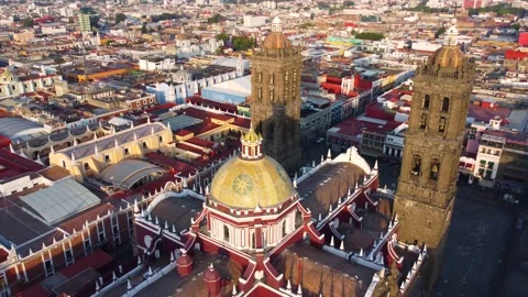 Puebla downtown taken in sunrise time with drone, Mexico Stock Footage 209408053