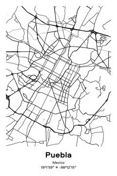 Puebla, Mexico - vector map of city in Black, white, gray, BW colors Stock Illustration