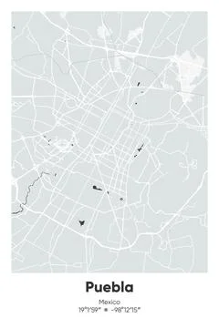 Puebla, Mexico - vector map of city in Gray, Black, White, BW colors Stock Illustration