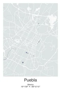 Puebla, Mexico - vector map of city in Gray, Blue, Green, White colors Stock Illustration
