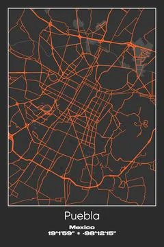 Puebla, Mexico - vector map of city in Gray, Black, Orange colors Stock Illustration