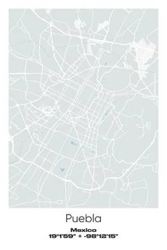 Puebla, Mexico - vector map of city in Gray, white, green, blue colors Stock Illustration