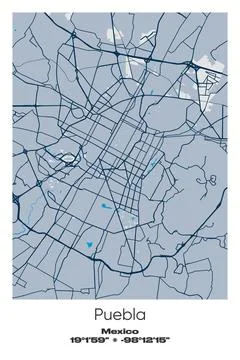 Puebla, Mexico - vector map of city in Blue, Gray, Yellow, Olive colors Stock Illustration