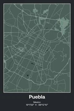 Puebla, Mexico - vector map of city in Dark gray, Gray, Green, gray-green colors Stock Illustration