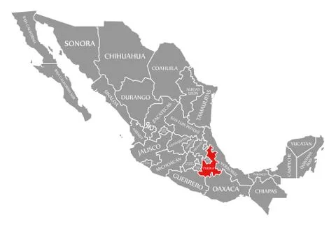 Puebla red highlighted in map of Mexico Stock Illustration