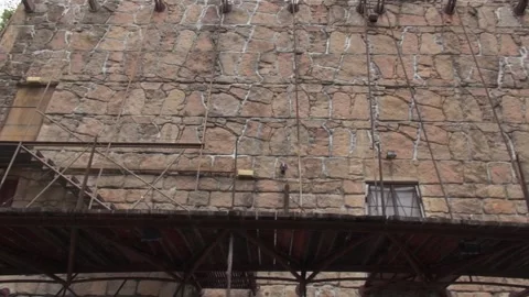 Pueblo Espanol inside wall stone platform stairs steps wood Stock Footage 317237896