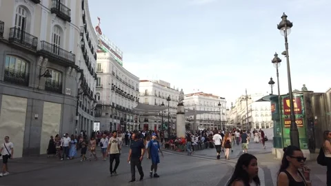 Puerta del Sol Square with Large Crowd of Tourists Walking Madrid Spain Slow Pan Stock Footage 339047196
