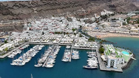 Puerto de Mogan - Gran Canaria, city panorama, mountain range, bird's eye v.. Stock Footage 313482013
