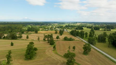 Puerto Octay Rural Farming Fields Aerial Jib Parallax Stock Footage 336548145