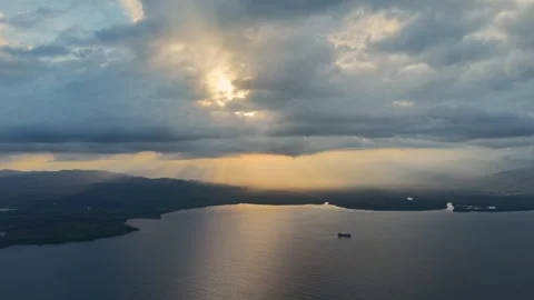 Puerto Princesa Sunset Crepuscular Rays Mountains Bay Ship Palawan Stock Footage 331807244