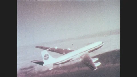 Puerto Rico 1960s: Plane in flight. Map - moving blue line from New York City to Stock Footage