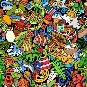 PUERTO RICO doodles seamless pattern. Stock Illustration