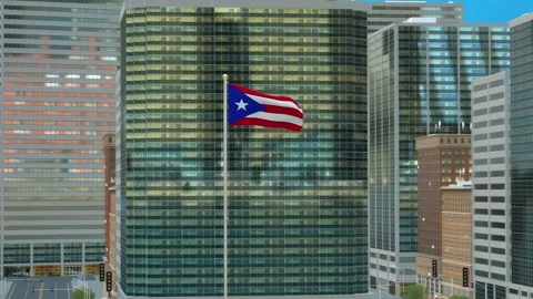 Puerto Rico Flag 3D Render Animation on Pole with Modern Business District B Stock-Footage 332881952