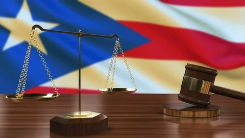 Puerto rico Flag with Hammer and Scales of Justice Video stock 108596352