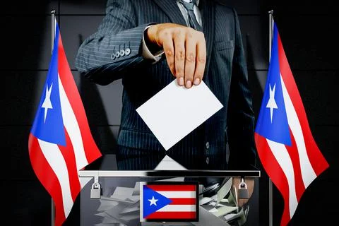 Puerto Rico flags, hand dropping voting card - election concept Ilustración de archivo