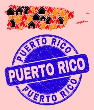 Puerto Rico Map Composition of Fire and Buildings and Textured Puerto Rico Seal Ilustración de archivo
