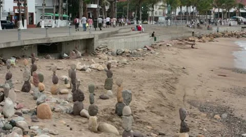 Puerto Vallarta Malecon Boardwalk beach balance rocks HD 3732 Stock Footage