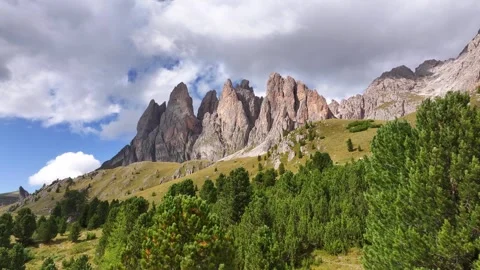 Puez - Odle mountain range with pine forest in the foreground Stock Footage 322115108