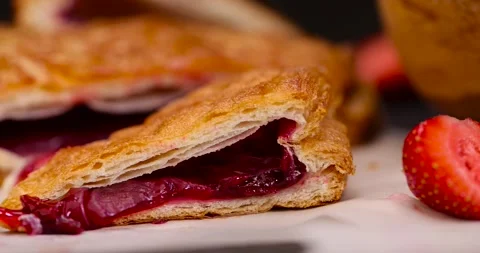 Puff pastry with red strawberries, a puff pastry bun with strawberry and cherry Stock Footage 305768915