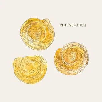 Puff pastry roll , hand drawn sketch water color vector. Stock Illustration