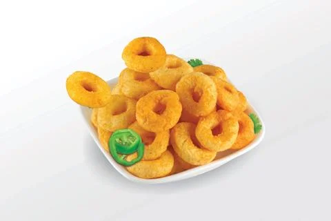Puffed corn rings, cereal ring, Pile of crispy Corn Puff, chips, Snack Food ( Stock Photos
