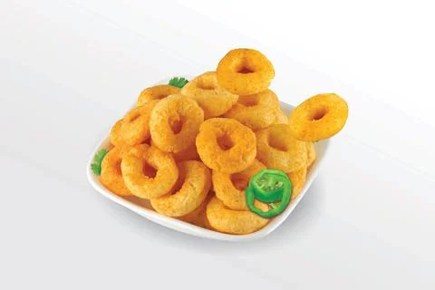 Puffed corn rings, cereal ring, Pile of crispy Corn Puff, chips, Snack Food ( Foto stock