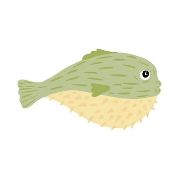Puffer isolated on white background. Beautiful aquatic character green color  Stock Illustration