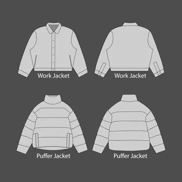 Puffer jacket, technical drawing mockup. Jacket technical drawing template Stock Illustration