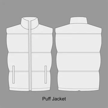 Puffer jacket, technical drawing mockup. Jacket technical drawing template Stock Illustration