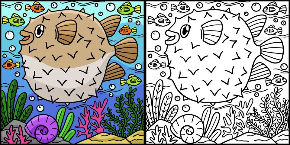 Pufferfish Coloring Page Colored Illustration Stock Illustration