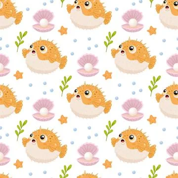 Pufferfish pattern cute ocean sea seamless background marine cartoon animal.. Stock Illustration
