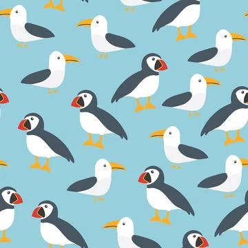 Puffin and Seagull seamless pattern. Cute Cartoon arctic animals background.  스톡 일러스트
