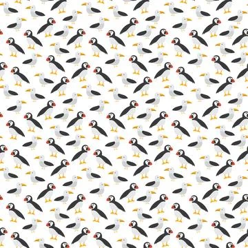 Puffin and Seagull seamless pattern. Cute Cartoon arctic animals background.. Stock Illustration