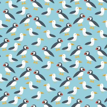 Puffin and Seagull seamless pattern. Cute Cartoon arctic animals background.. Stock Illustration