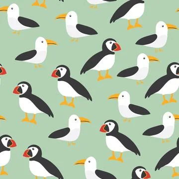 Puffin and Seagull seamless pattern. Cute Cartoon arctic animals background.  Stock Illustration