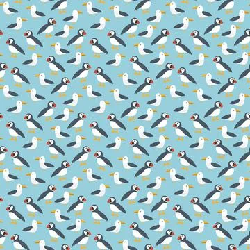 Puffin and Seagull seamless pattern. Cute Cartoon arctic animals background.. 스톡 일러스트